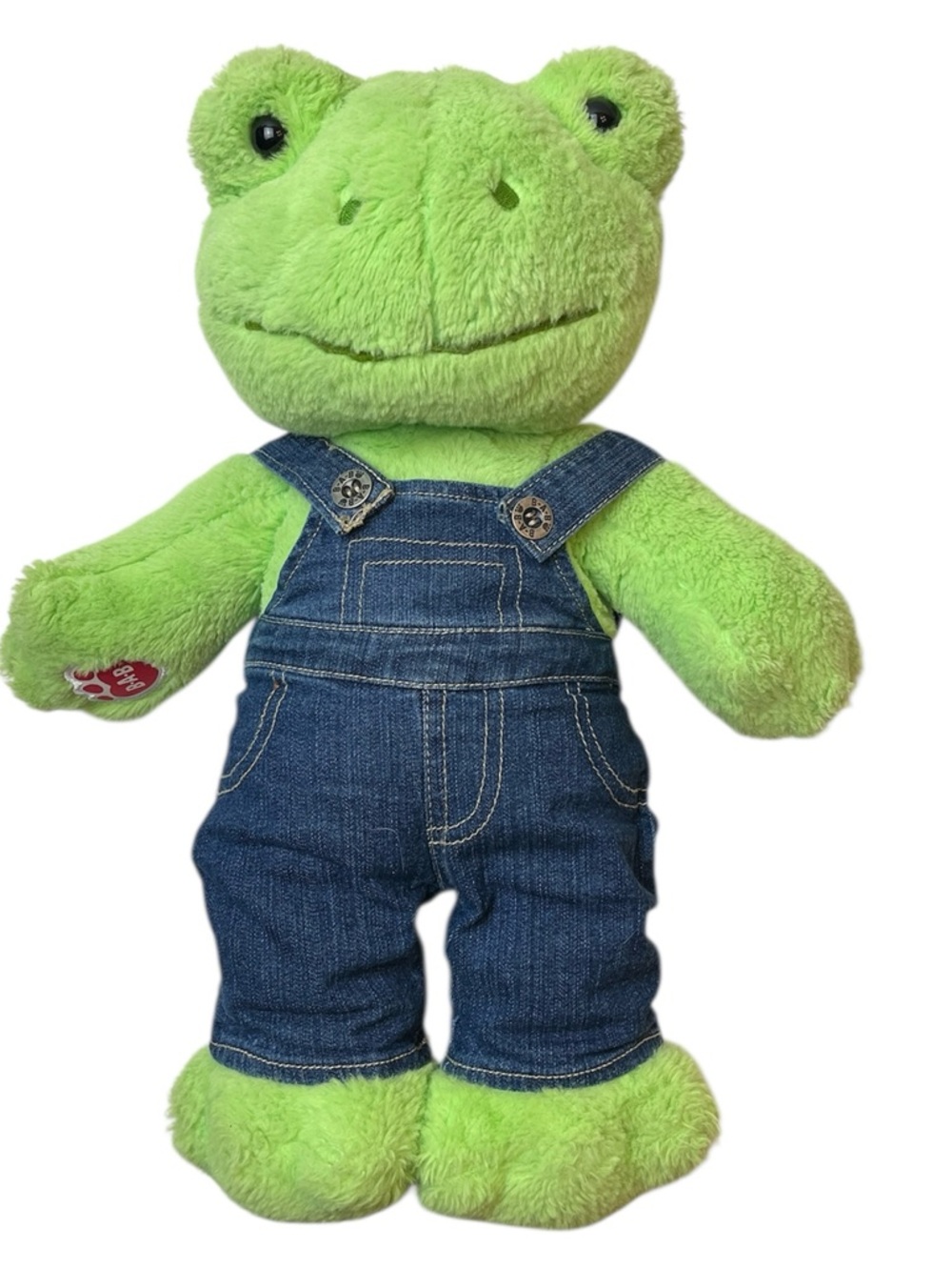 Build A Bear Workshop Green Spring Frog Plush 16" Stuffed Animal BAB W/ Overalls